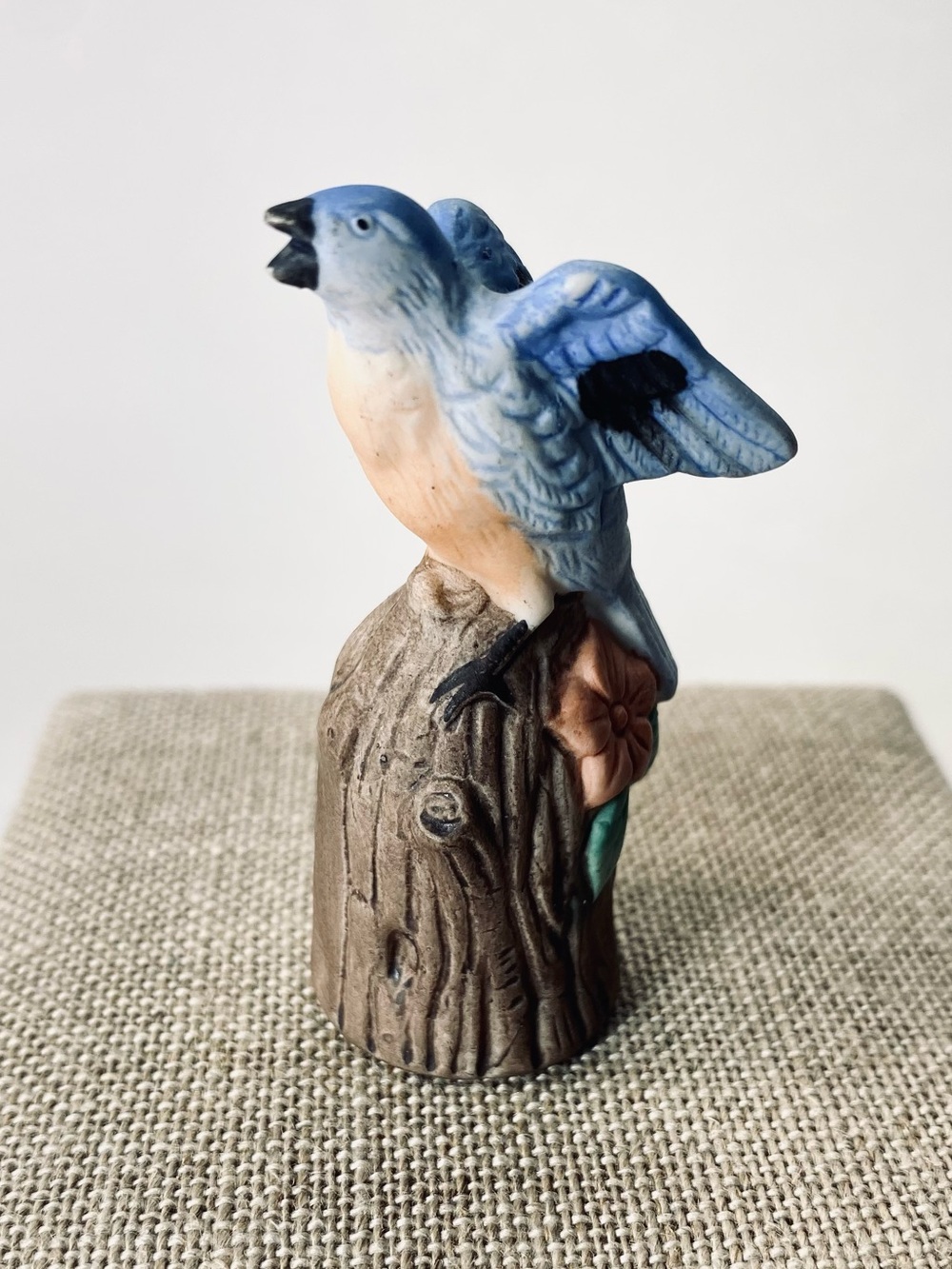 2 1/2" Enesco Porcelain Miniature Blue Bird on Tree Stump Ceramic Figurine